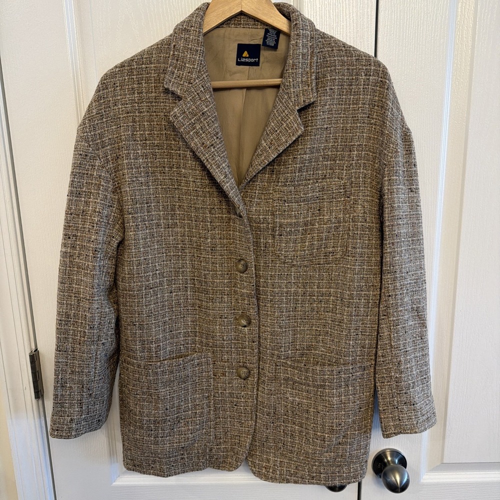 VTG Liz Sport Women's Blazer Suit Jacket Wool Silk Blend Size M Brown Tweed
